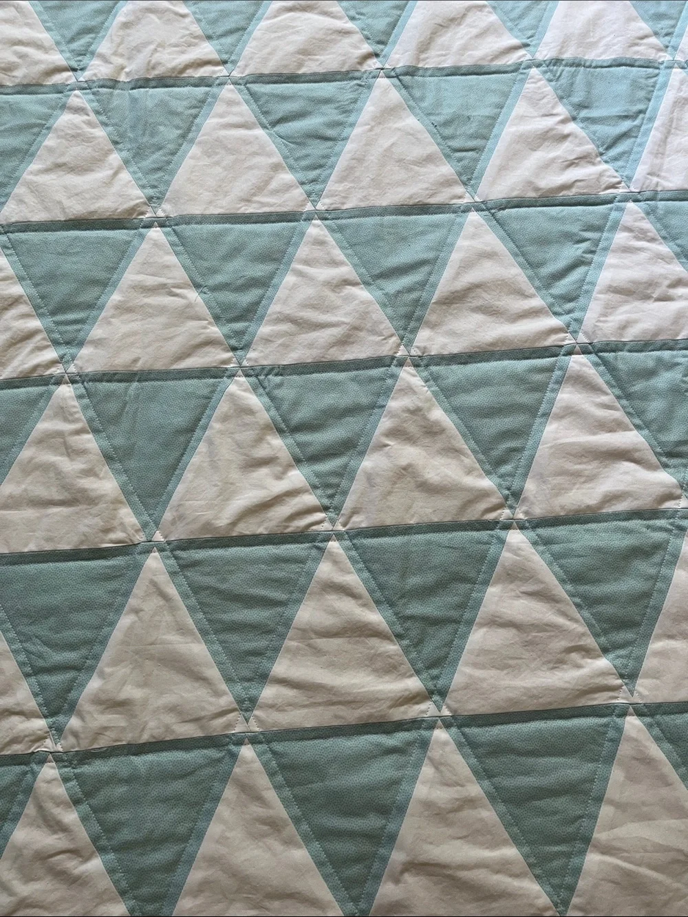 Handmade New Baby Quilt / Aqua and White Triangles
